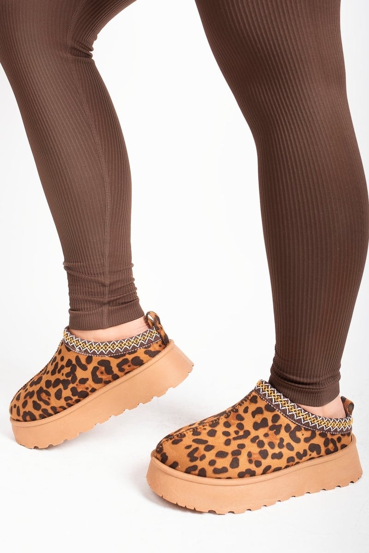 Jolene Aztec Detail Low Ankle Platform Slipper Boots - Leopard