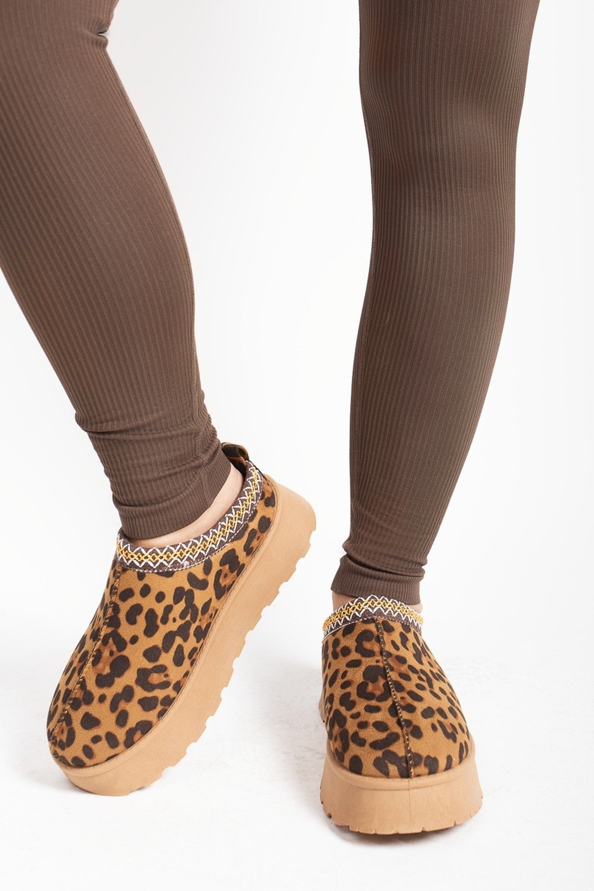 Jolene Aztec Detail Low Ankle Platform Slipper Boots - Leopard