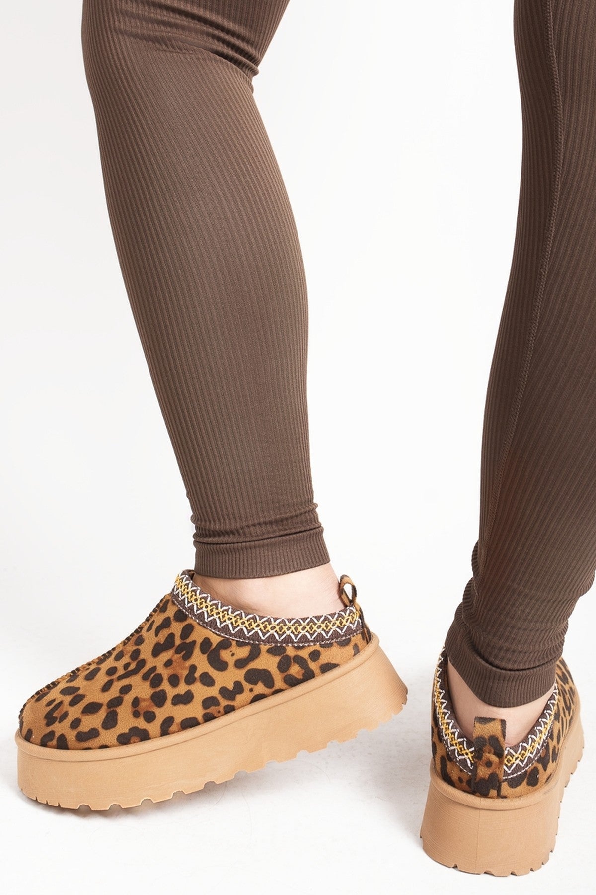 Jolene Aztec Detail Low Ankle Platform Slipper Boots - Leopard