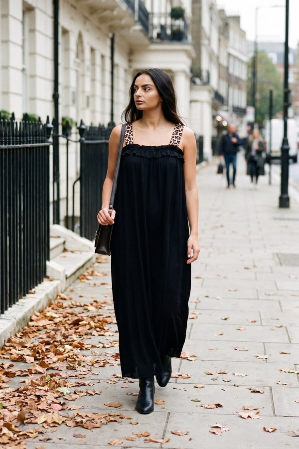 Kalina Leopard Strap Sleeveless Maxi Dress With Ruffle Detail - Black