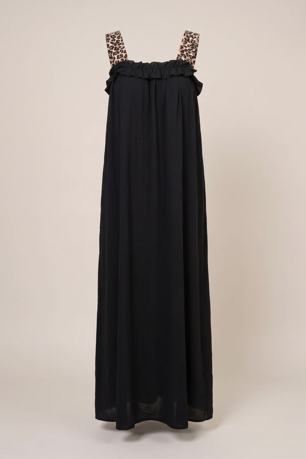 Kalina Leopard Strap Sleeveless Maxi Dress With Ruffle Detail - Black