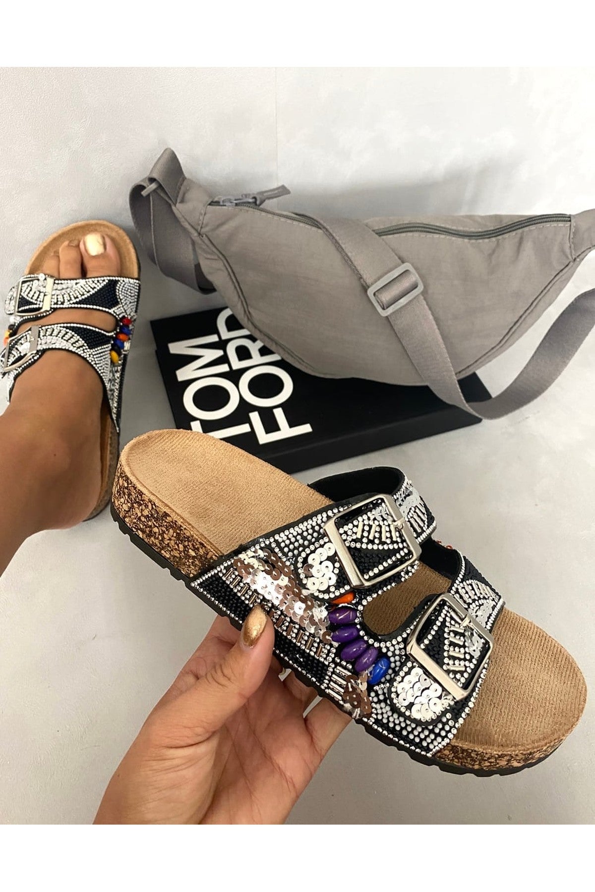 Leslie Rhinestone Double Buckle Adjustable Slip On Slides Sandals - Black