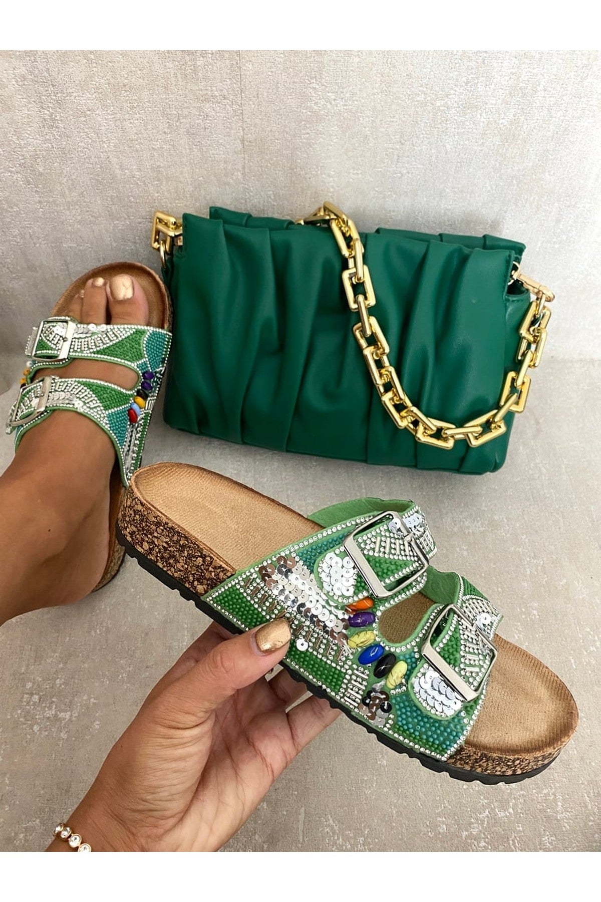 Leslie Rhinestone Double Buckle Adjustable Slip On Slides Sandals - Green