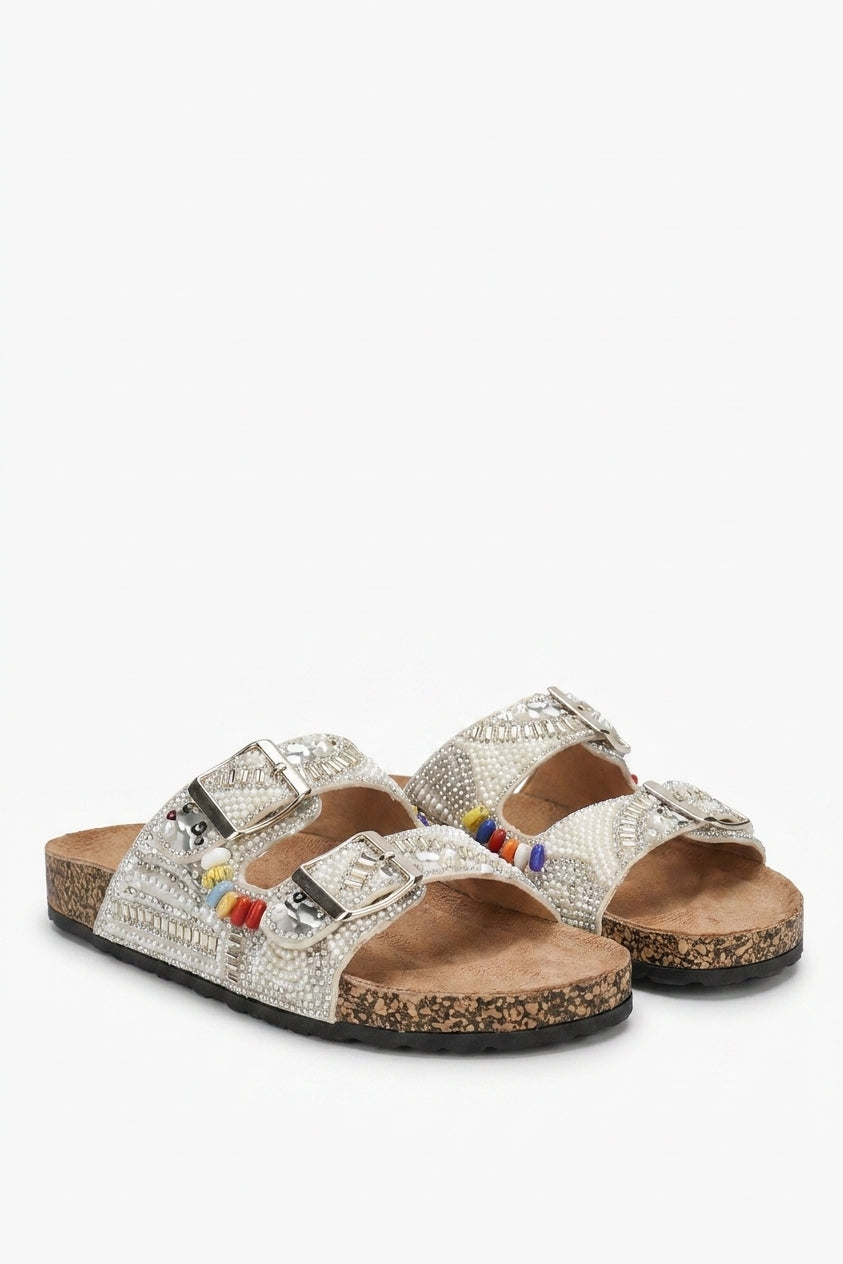 Leslie Rhinestone Double Buckle Adjustable Slip On Slides Sandals - White_wb