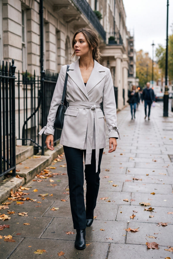Lexi Collared Long Sleeve V-neck Belted Blazer Jacket - Grey