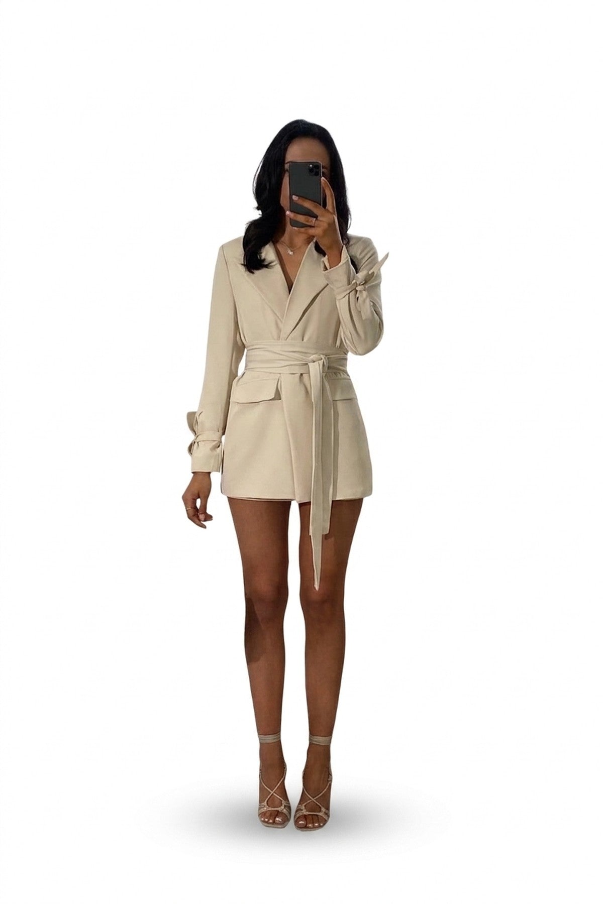 Lexi Collared Long Sleeve V-neck Belted Blazer Jacket - Beige_wb