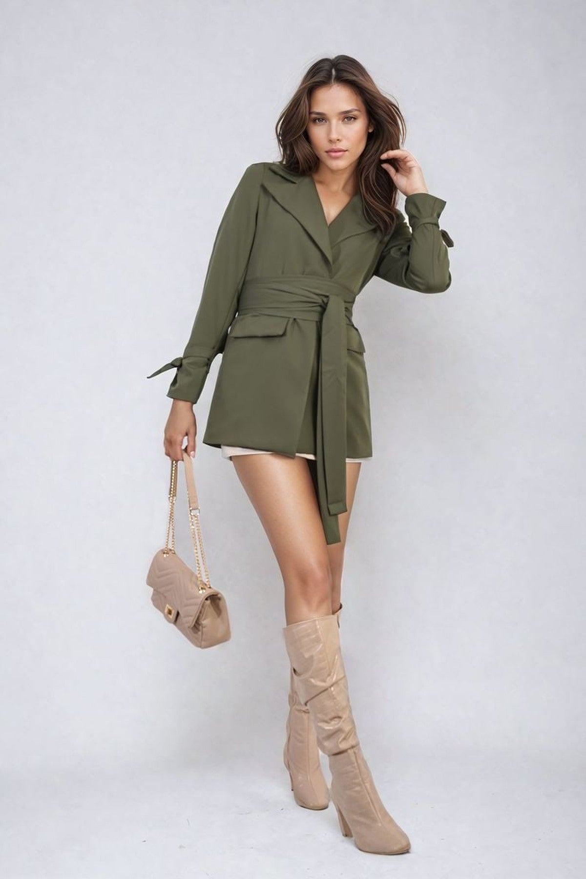 Lexi Collared Long Sleeve V-neck Belted Blazer Jacket - Khaki