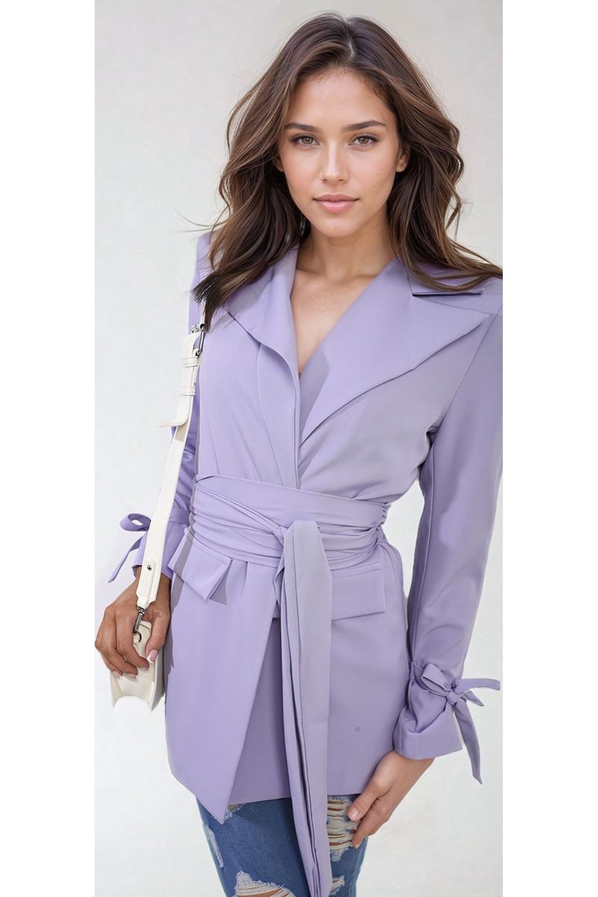 Lexi Collared Long Sleeve V-neck Belted Blazer Jacket - Lilac