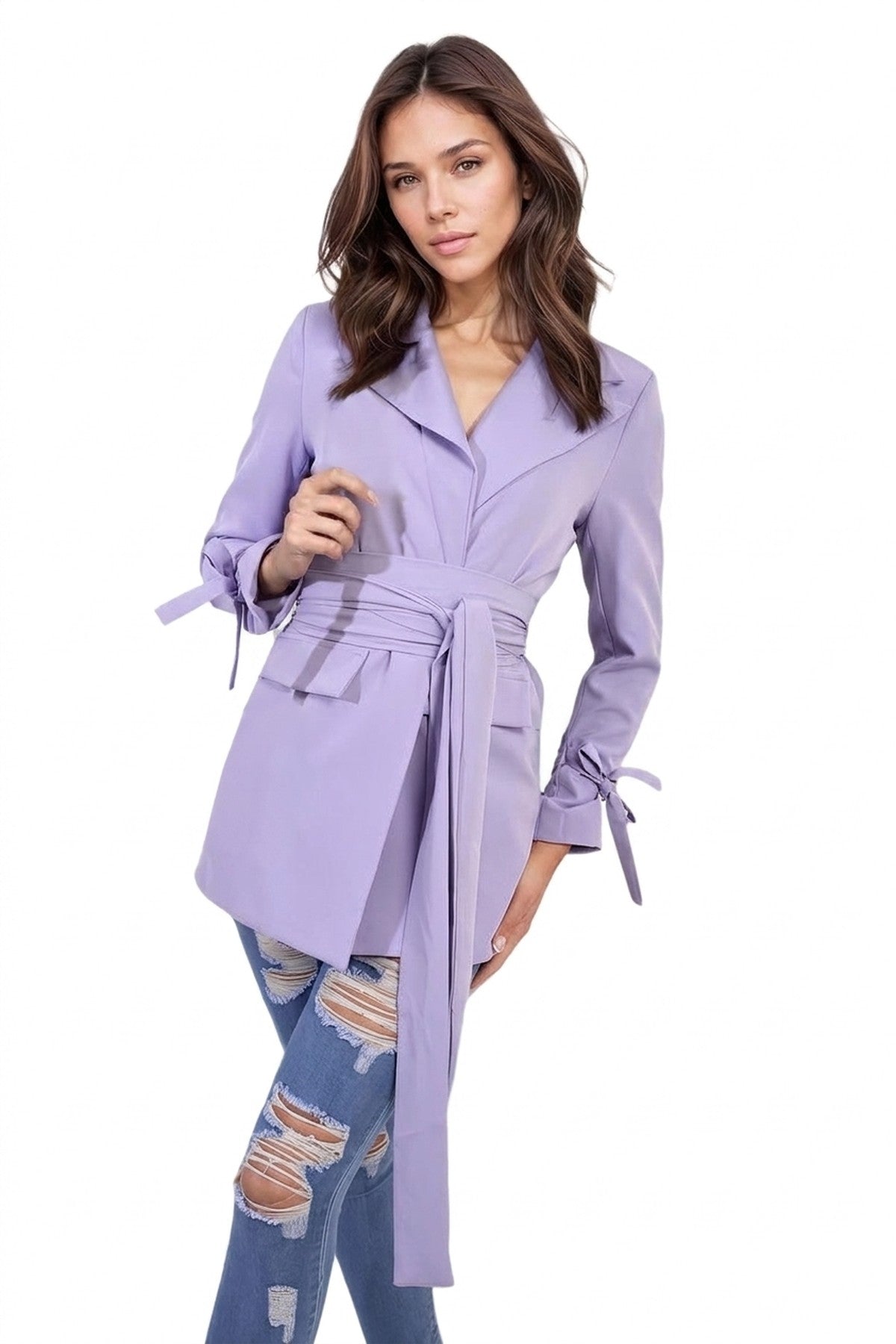 Lexi Collared Long Sleeve V-neck Belted Blazer Jacket - Lilac_wb