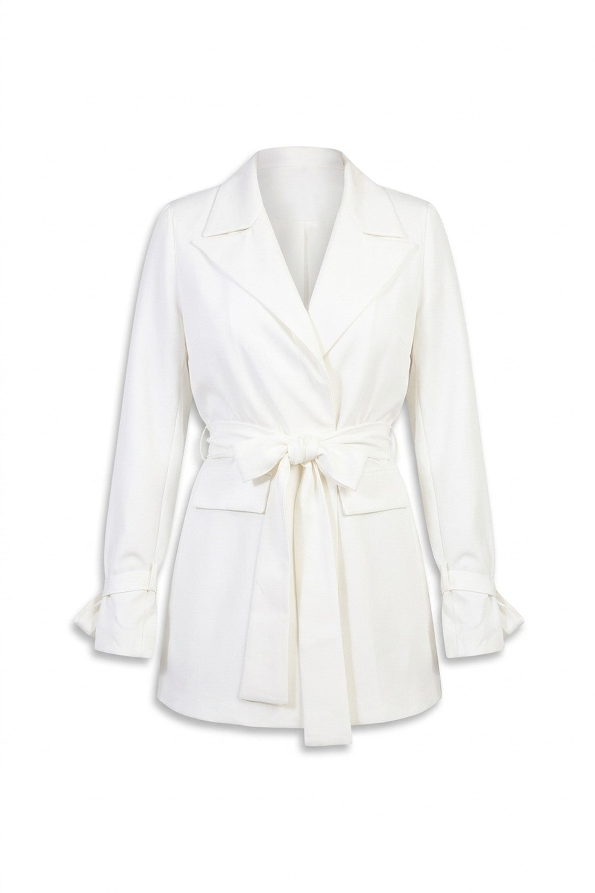 Lexi Collared Long Sleeve V-neck Belted Blazer Jacket - White_wb