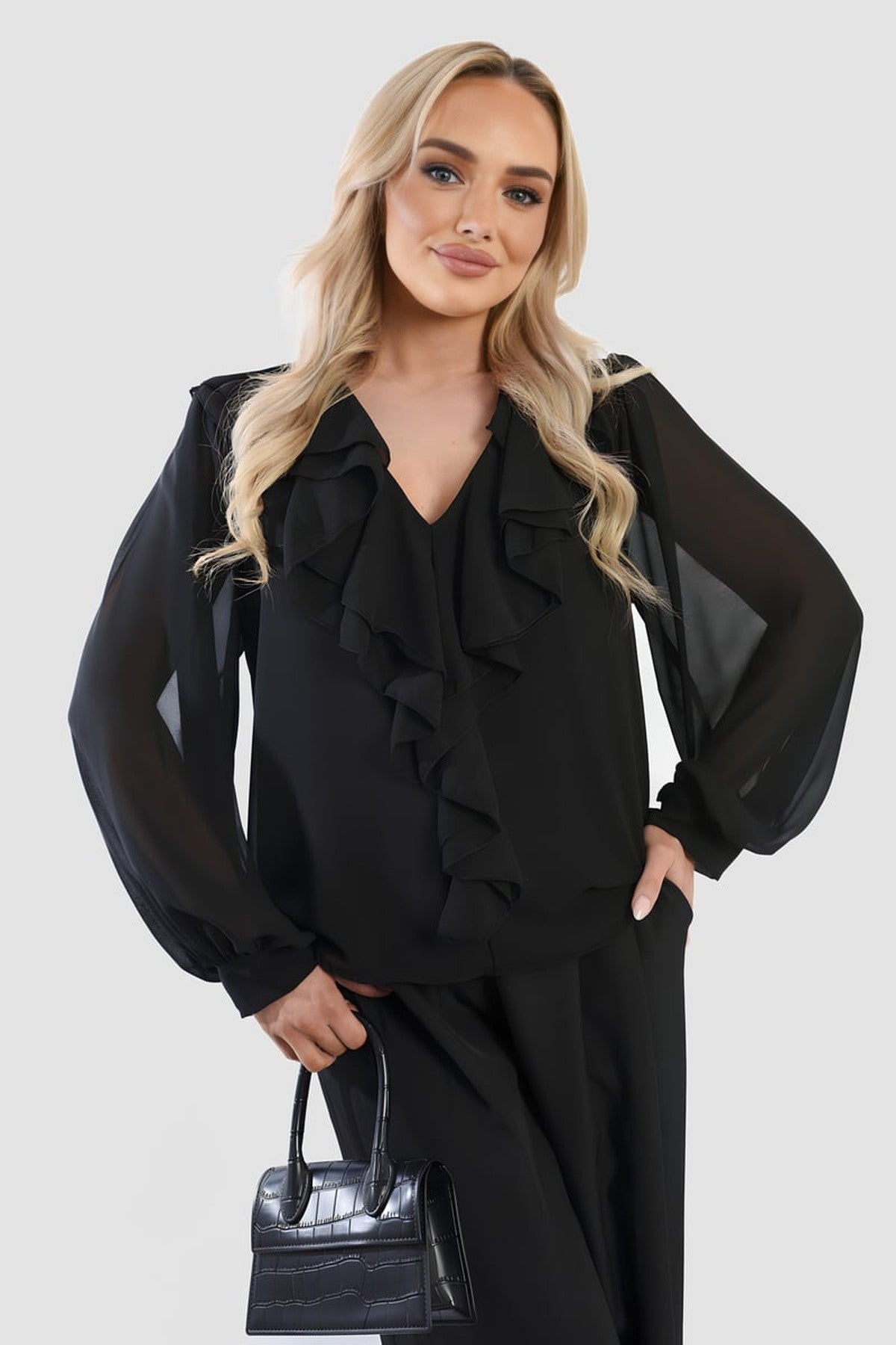 Leyla Ruffle Trim Front Long Sleeve Top - Black