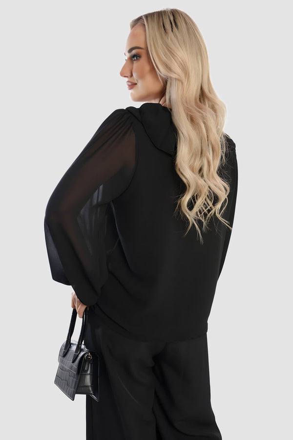 Leyla Ruffle Trim Front Long Sleeve Top - Black