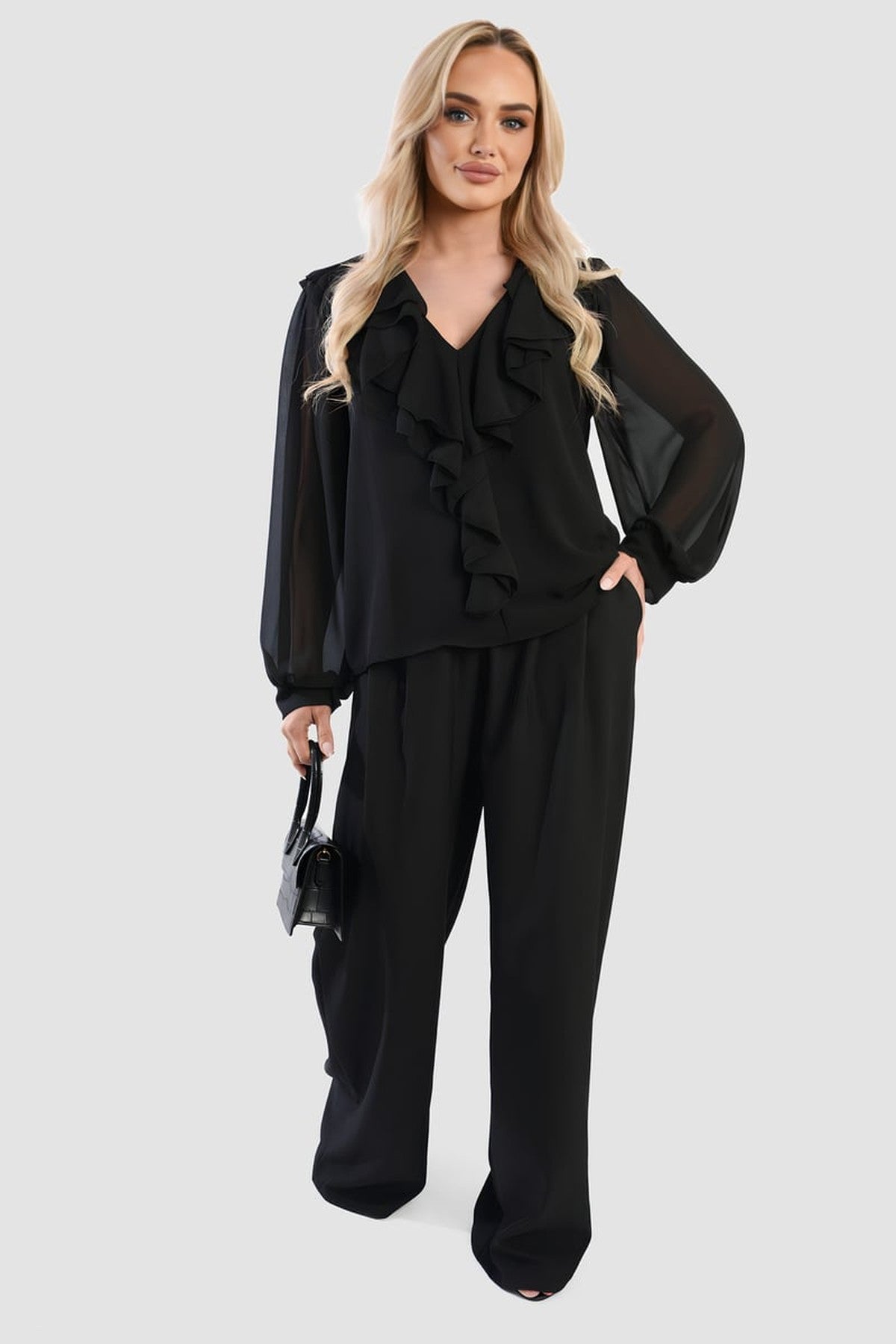Leyla Ruffle Trim Front Long Sleeve Top - Black