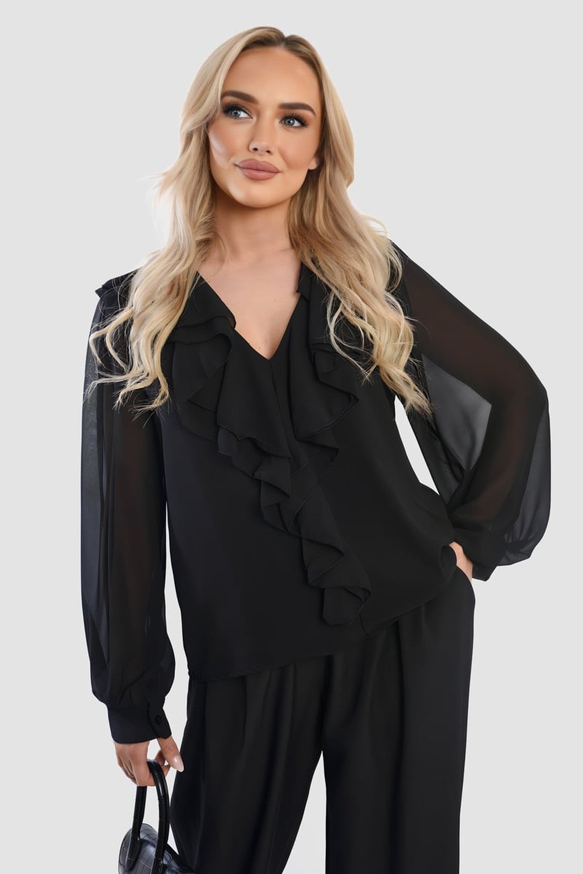 Leyla Ruffle Trim Front Long Sleeve Top - Black