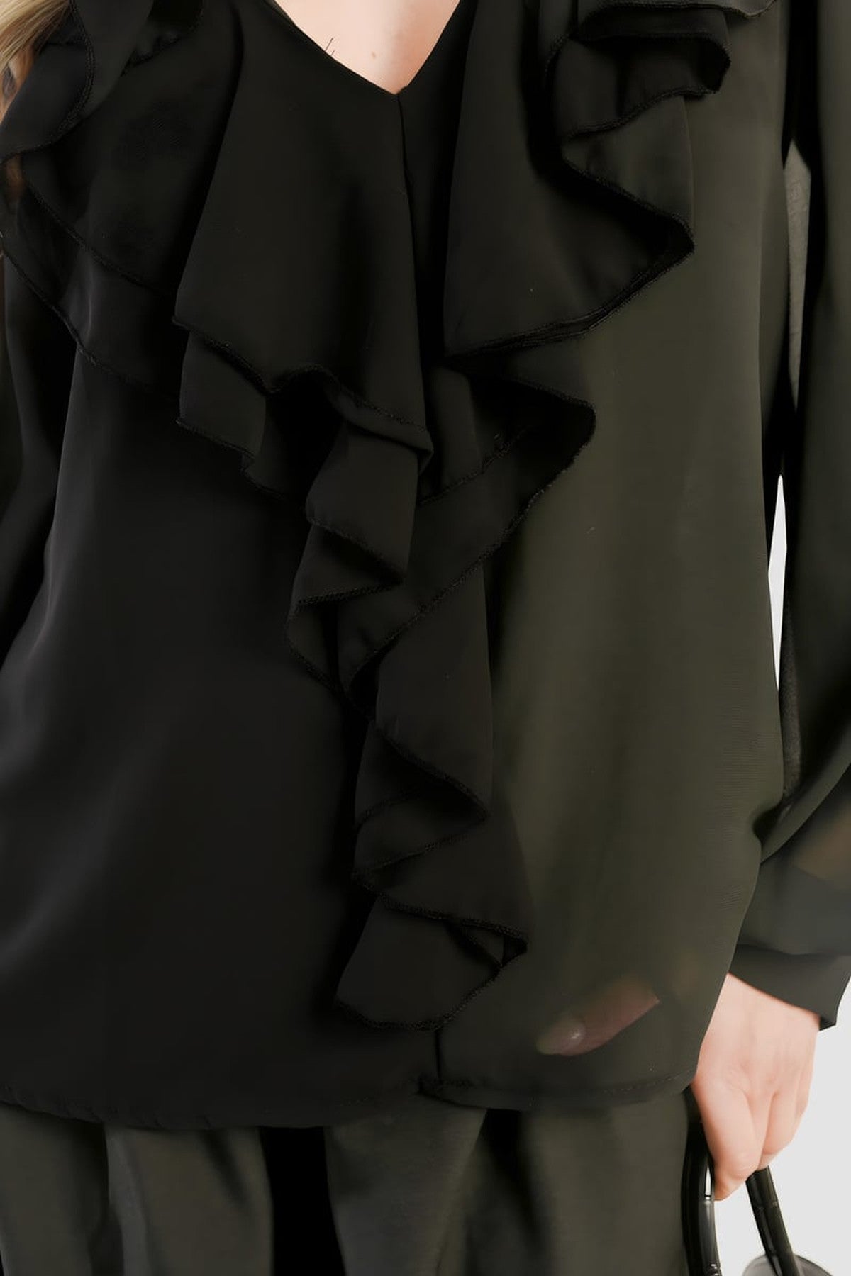 Leyla Ruffle Trim Front Long Sleeve Top - Black