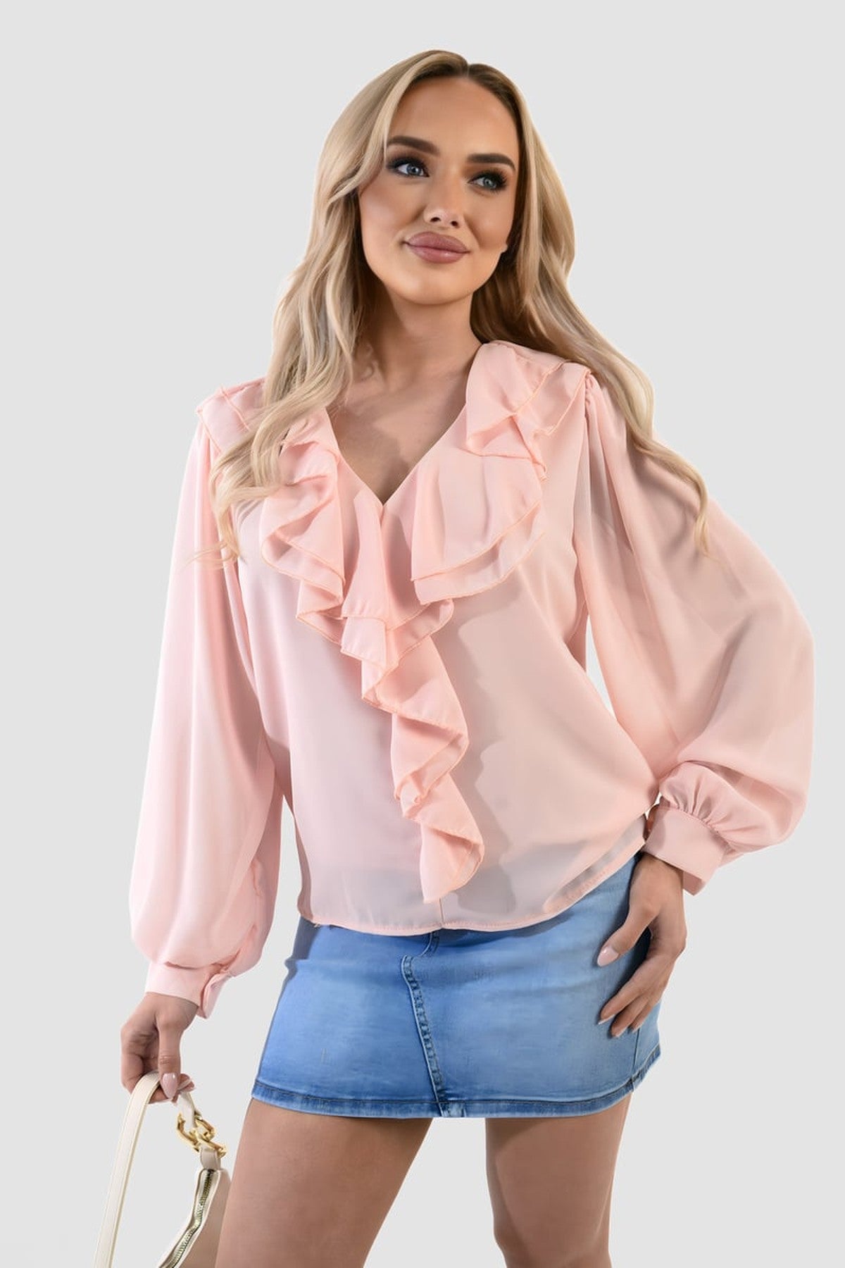 Leyla Ruffle Trim Front Long Sleeve Top - Pink