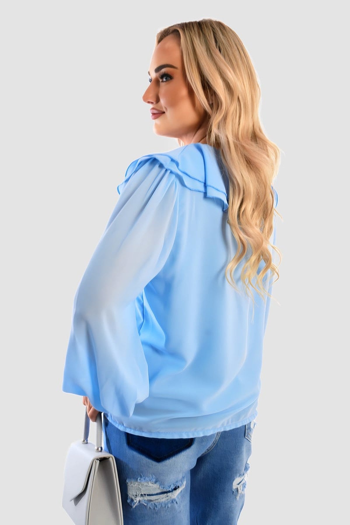 Leyla Ruffle Trim Front Long Sleeve Top - Sky Blue