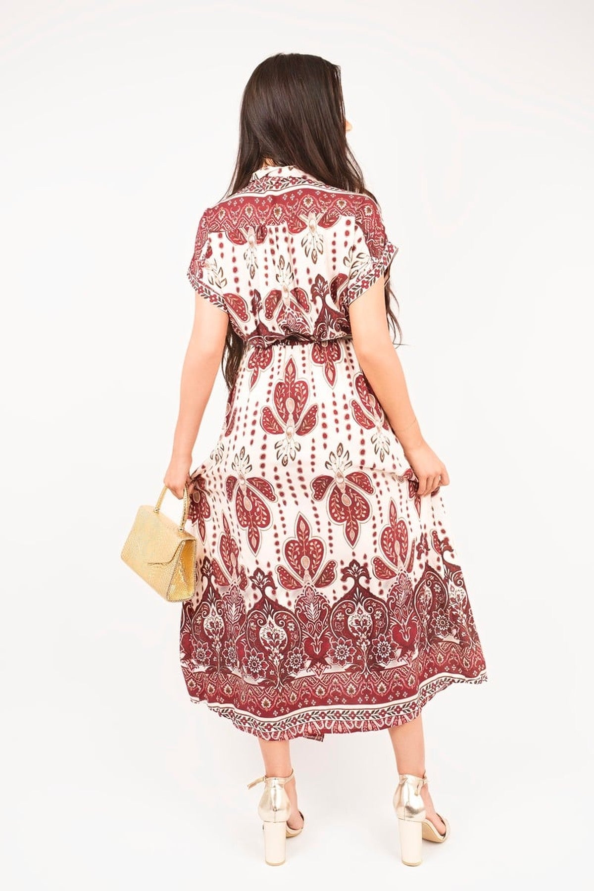 Lianne Collared Short Sleeve Midi Dress With Tie Waist - Red