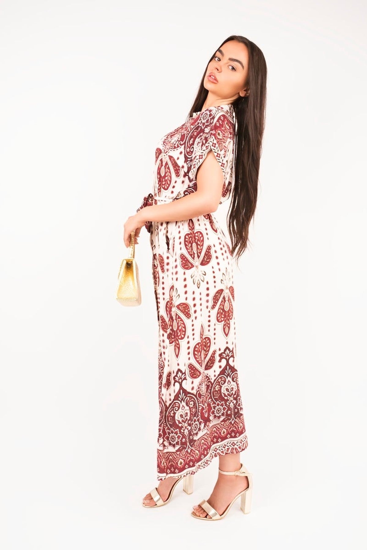 Lianne Collared Short Sleeve Midi Dress With Tie Waist - Red