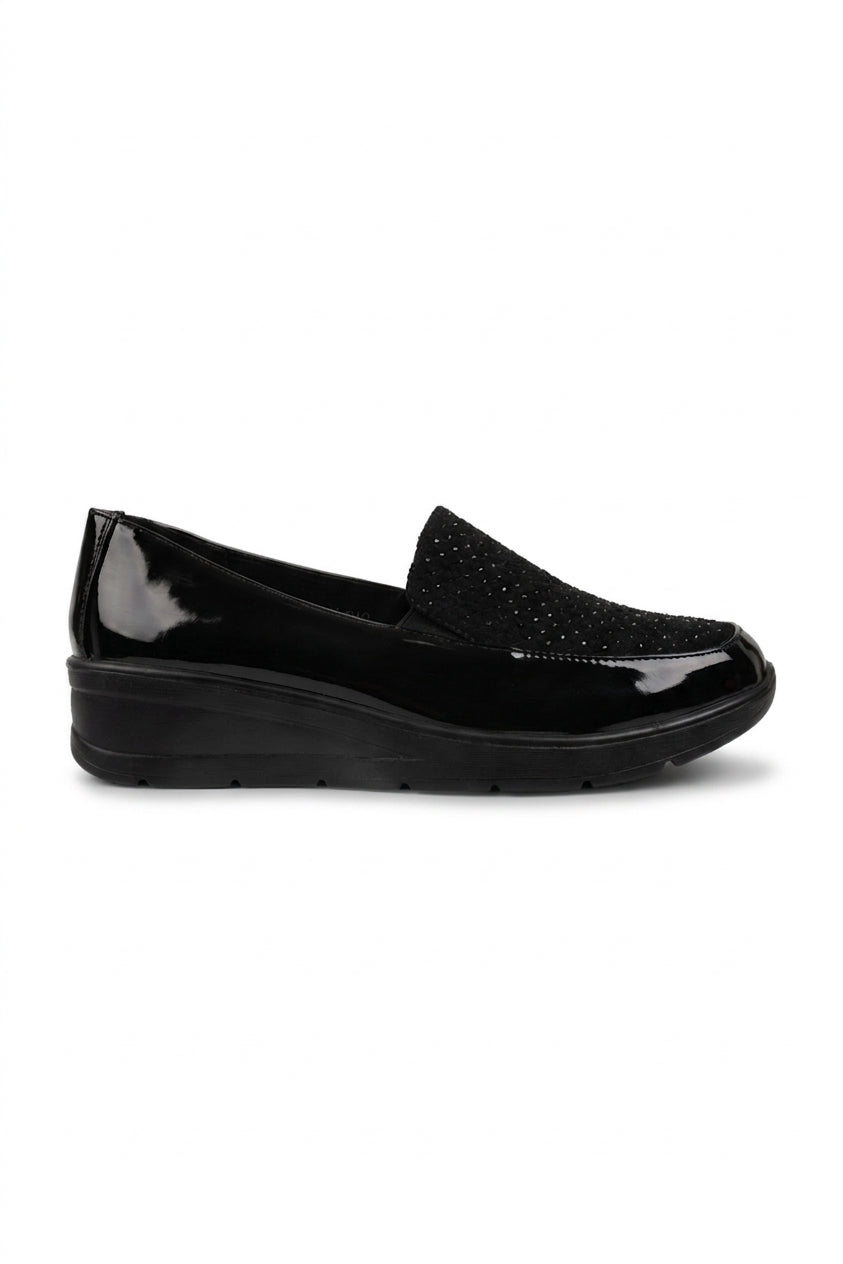Lieke Patent Embellished Wedge Loafers - Black_wb