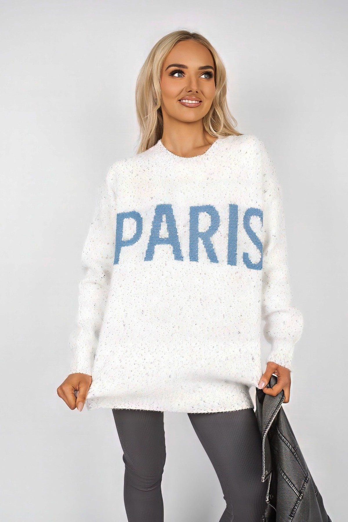 Jalina Long Sleeve Oversized Knitted Jumper With Paris Slogan - Light Grey