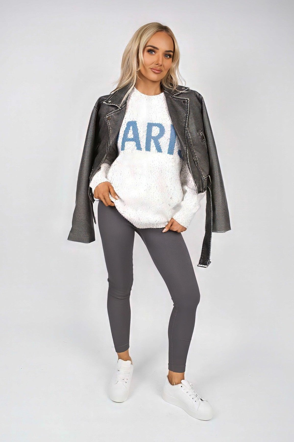 Jalina Long Sleeve Oversized Knitted Jumper With Paris Slogan - Light Grey