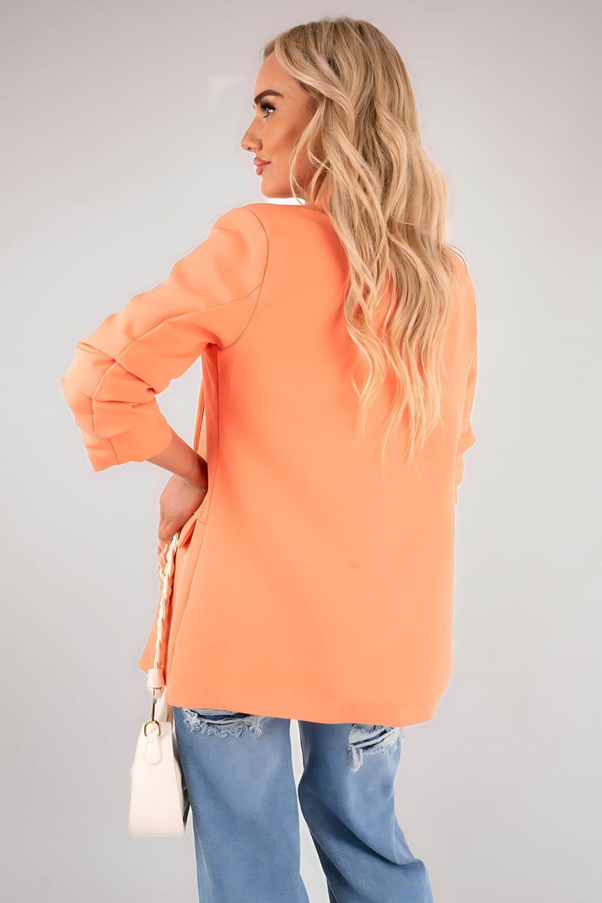 Valerie Ruched Sleeve Open Front Blazer Jacket With Front Pockets - Bright Orange