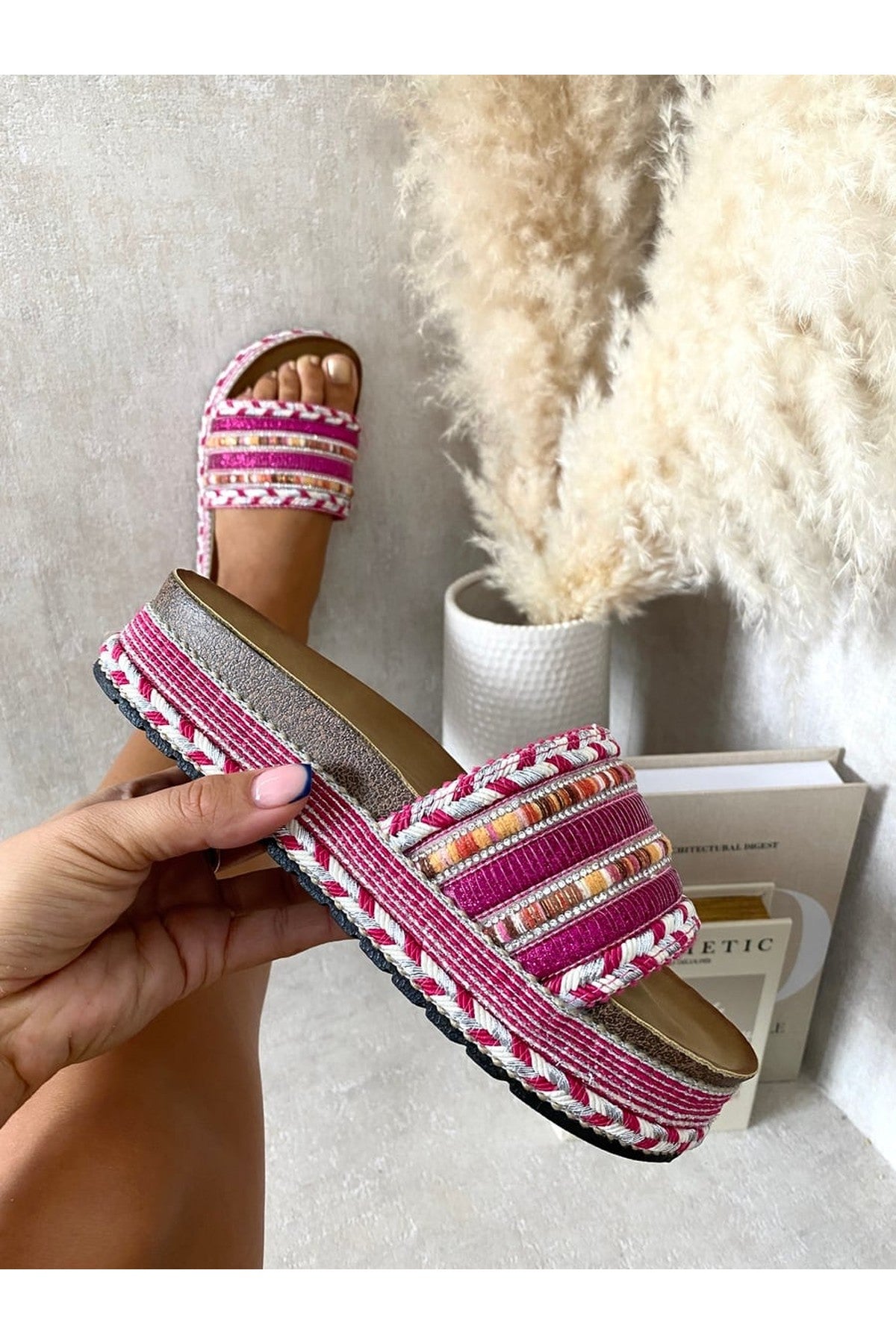 Lilian Thick Wedge Heel Braided Platform Sandals - Fuschia