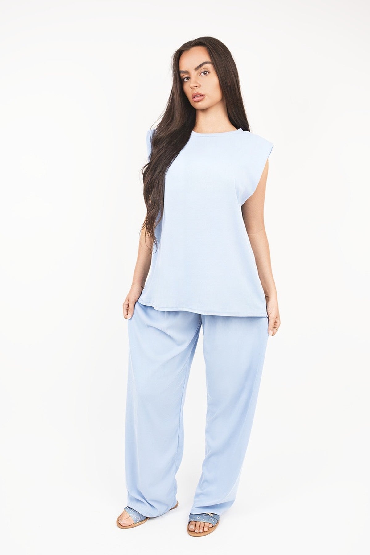 Liliane Sleeveless Relaxed Fit Top And Wide Leg Trouser Co-ord Set - Sky Blue