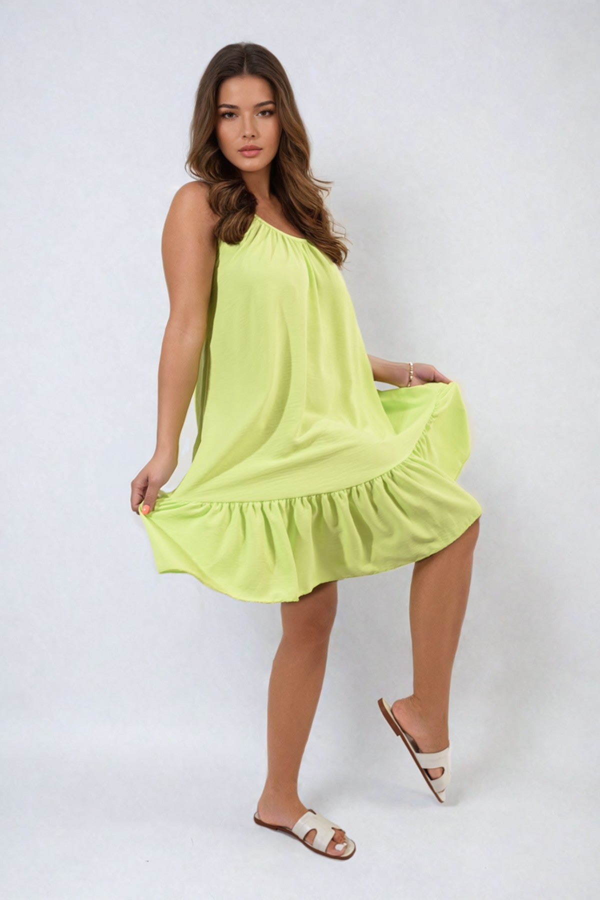 Faye Backless Tie-up Spaghetti Strap Frill Hem Mini Dress - Lime