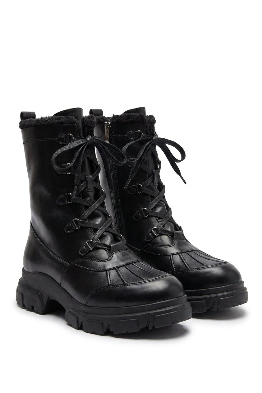 Linda Lace Up Faux Leather Chunky Boots - Black Pu_wb