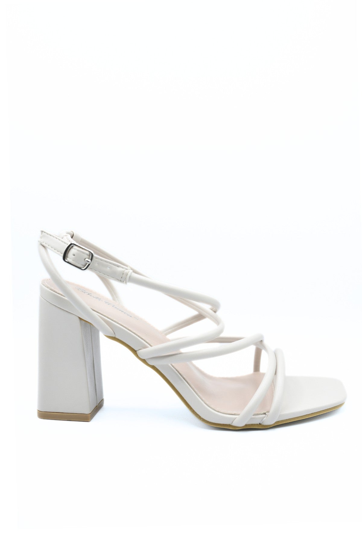 Linda Strappy Buckle Block High Heels - Beige