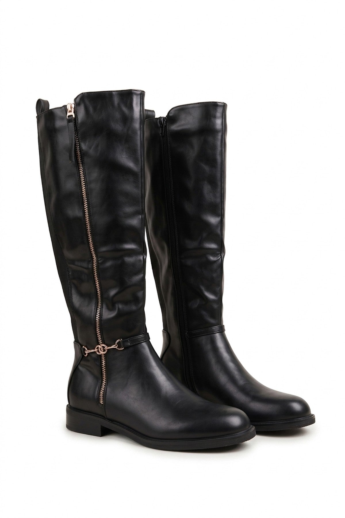 Linnea Gold Zip Chain Detail Knee High Boots - Black_wb