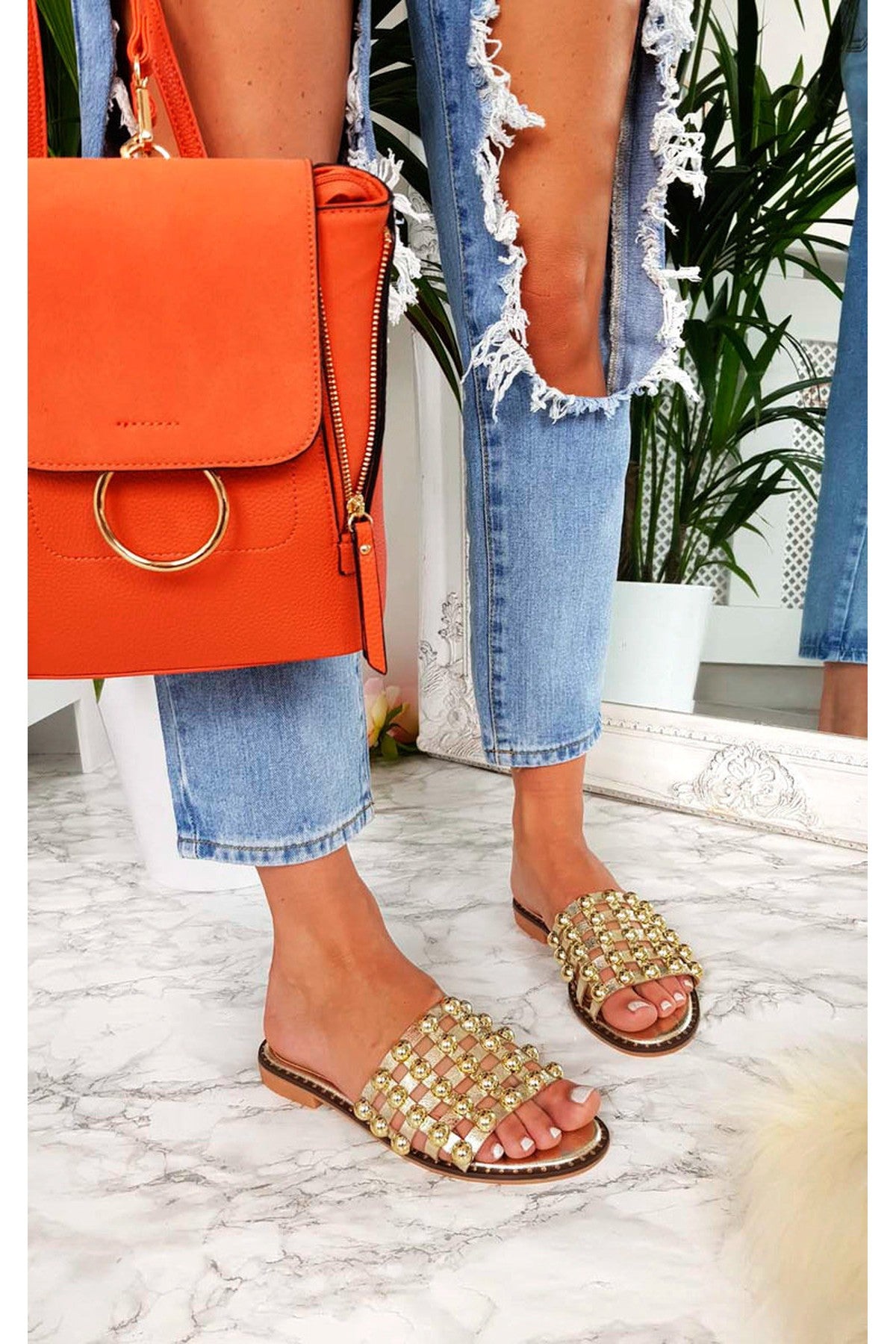 Liza Studded Caged Open Toe Sandals - Gold