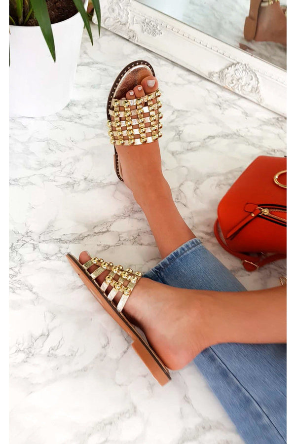Liza Studded Caged Open Toe Sandals - Gold