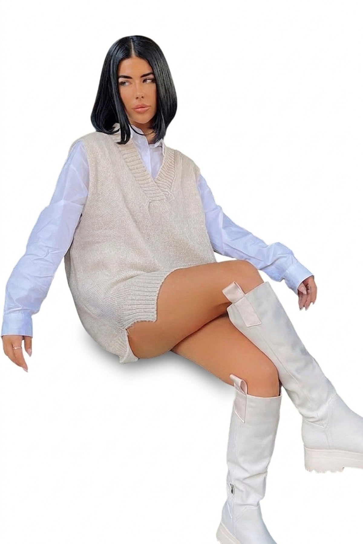 Lois Sleeveless Knitted Vest - Stone_wb