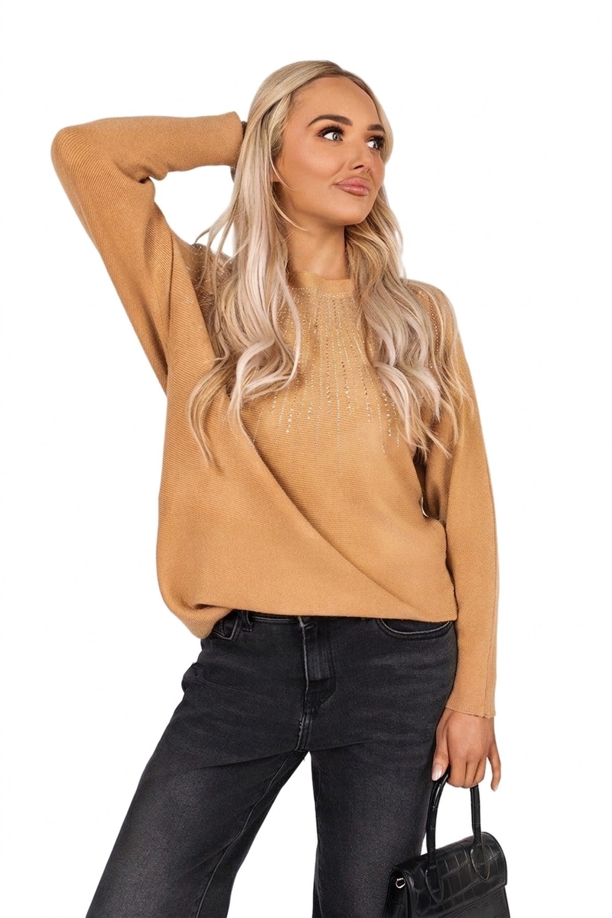 Haisley Long Sleeve Knitted Jumper With Embellished Neckline - Camel