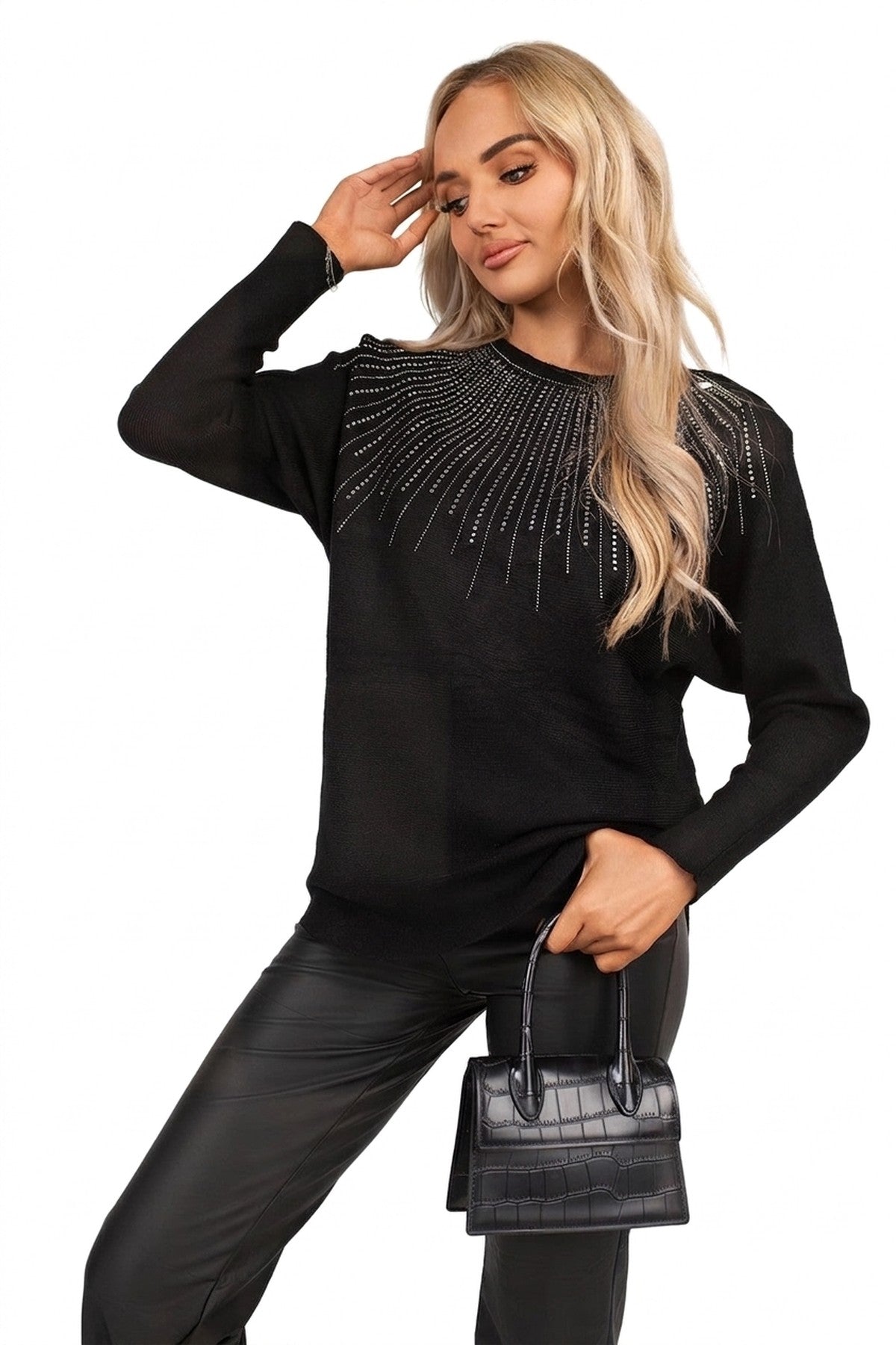 Haisley Long Sleeve Knitted Jumper With Embellished Neckline - Black