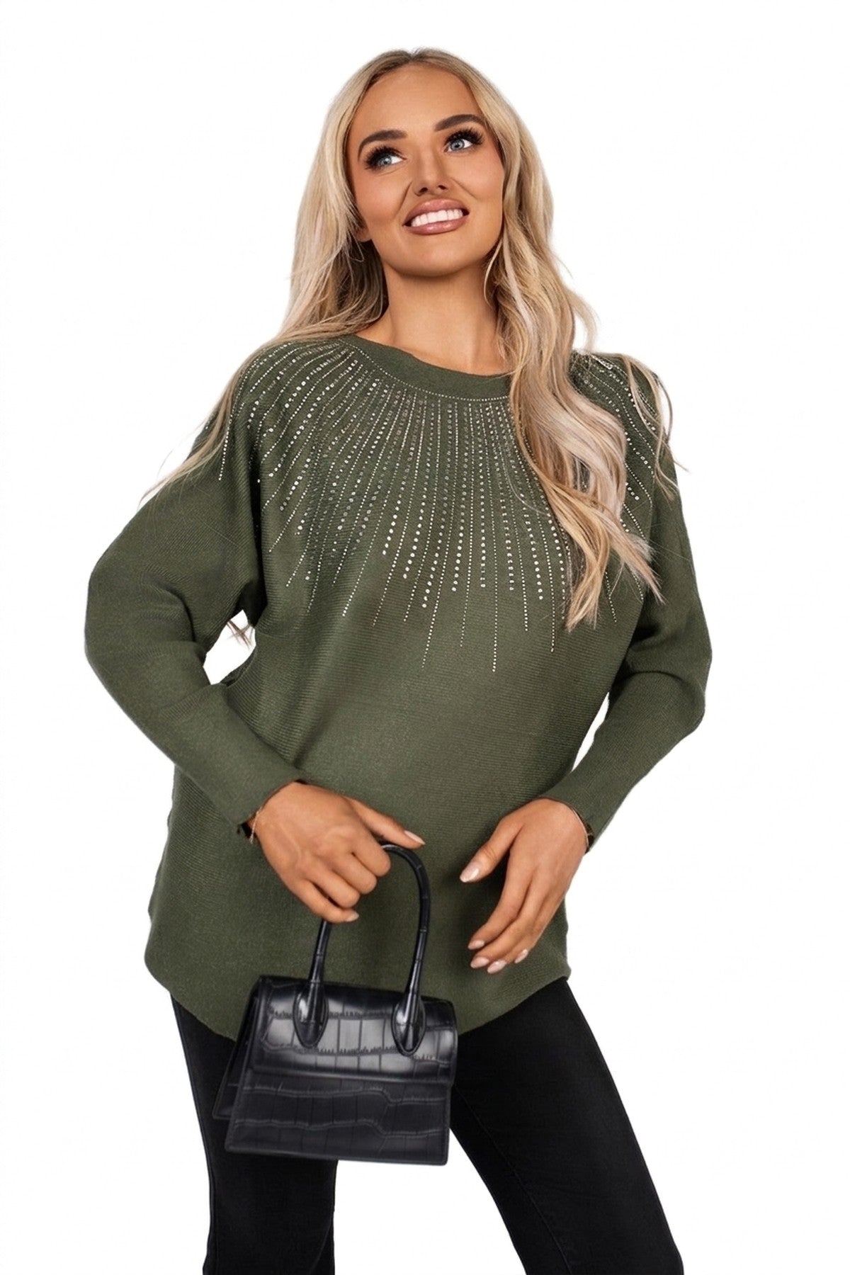 Haisley Long Sleeve Knitted Jumper With Embellished Neckline - Khaki
