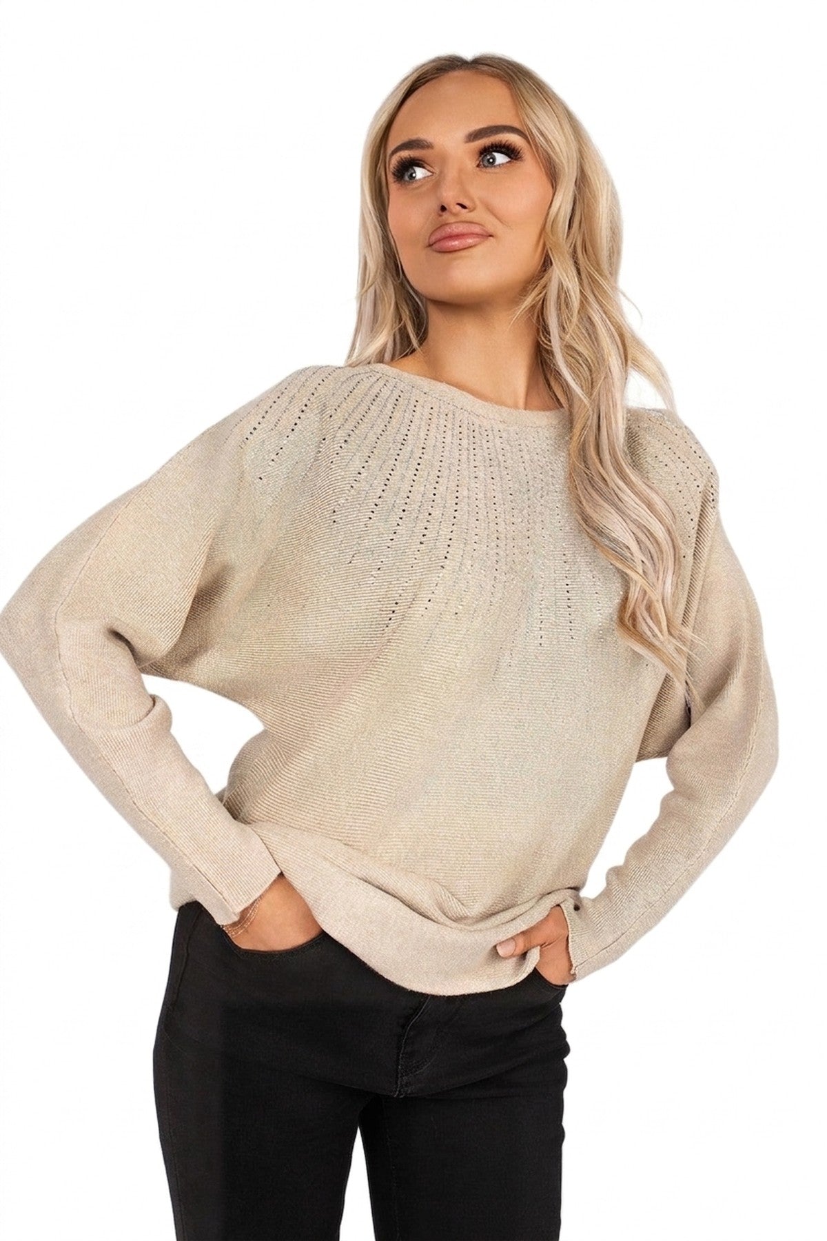 Haisley Long Sleeve Knitted Jumper With Embellished Neckline - Mocha