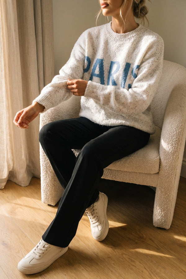 Jalina Long Sleeve Oversized Knitted Jumper With Paris Slogan - Beige