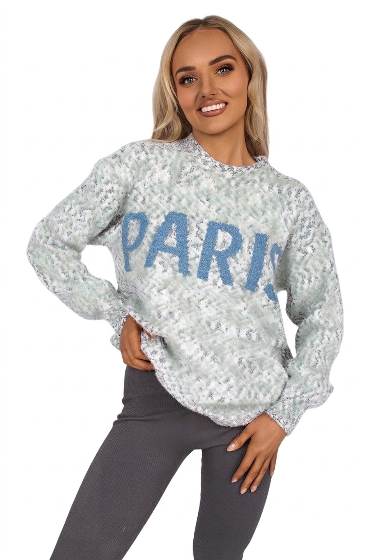 Jalina Long Sleeve Oversized Knitted Jumper With Paris Slogan - Grey