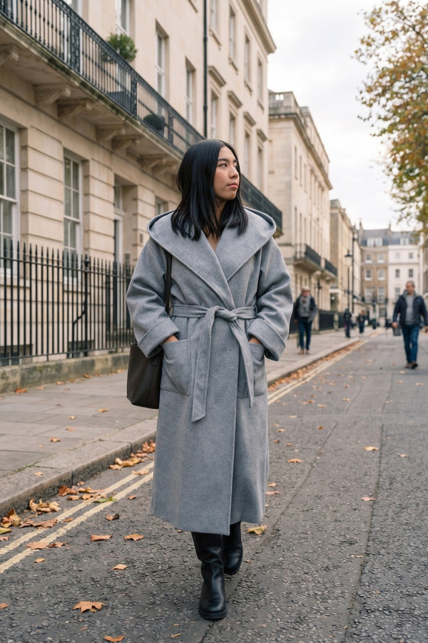 Vionna Hooded Longline Belted Wrap Coat - Grey