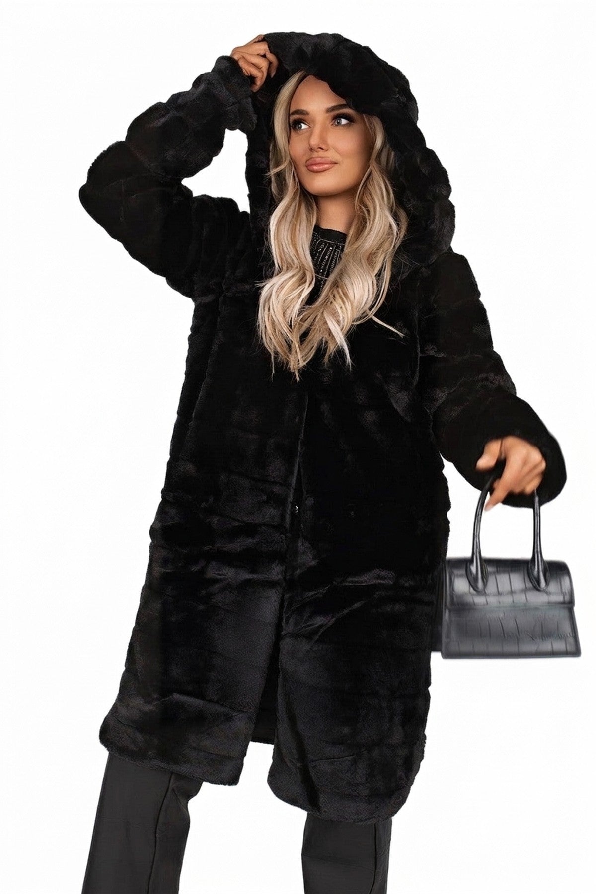 Milara Longline Faux Fur Hooded Coat - Mocha_wb