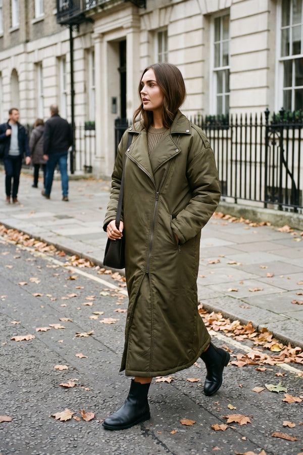 Yvette Longline Padded Coat With Side Pockets - Khaki