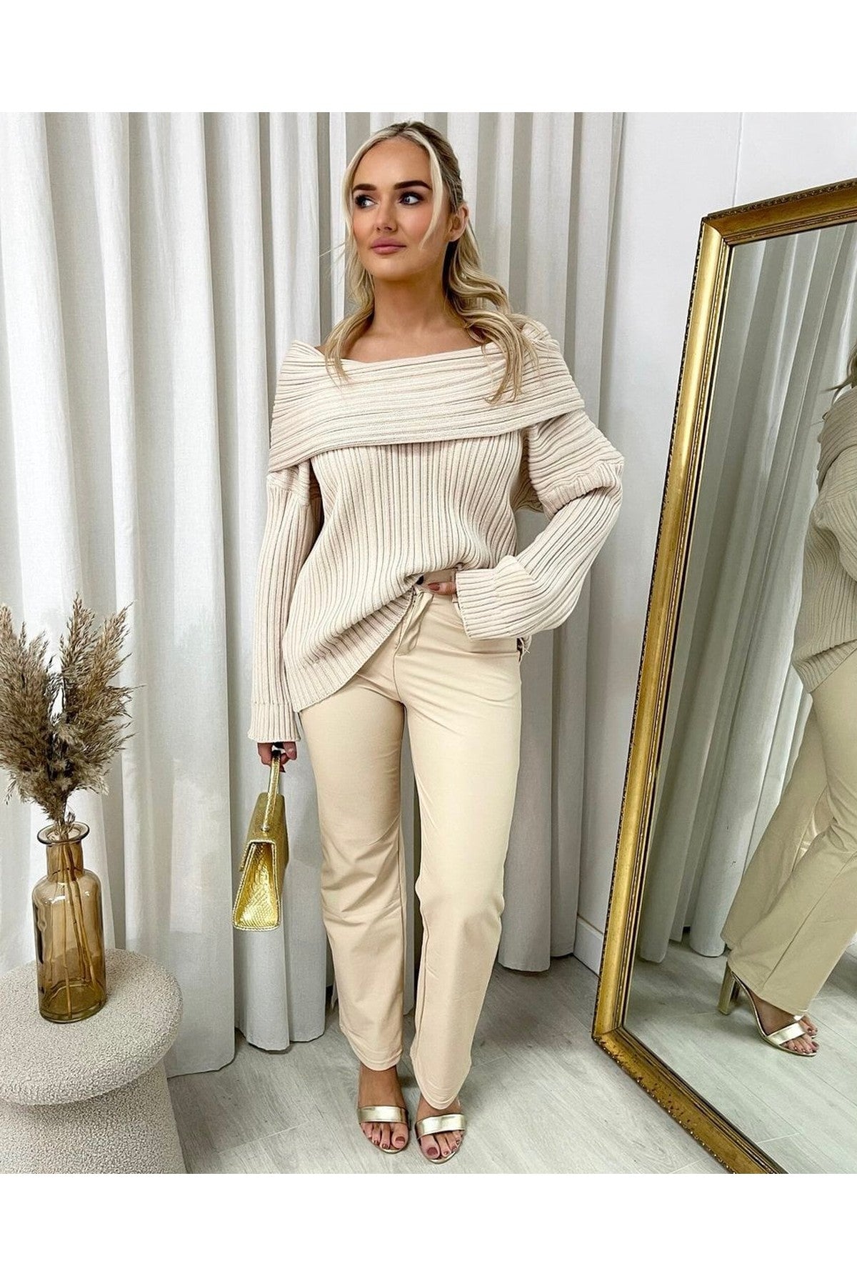 Lucia High Waisted Faux Leather Trouser - Beige