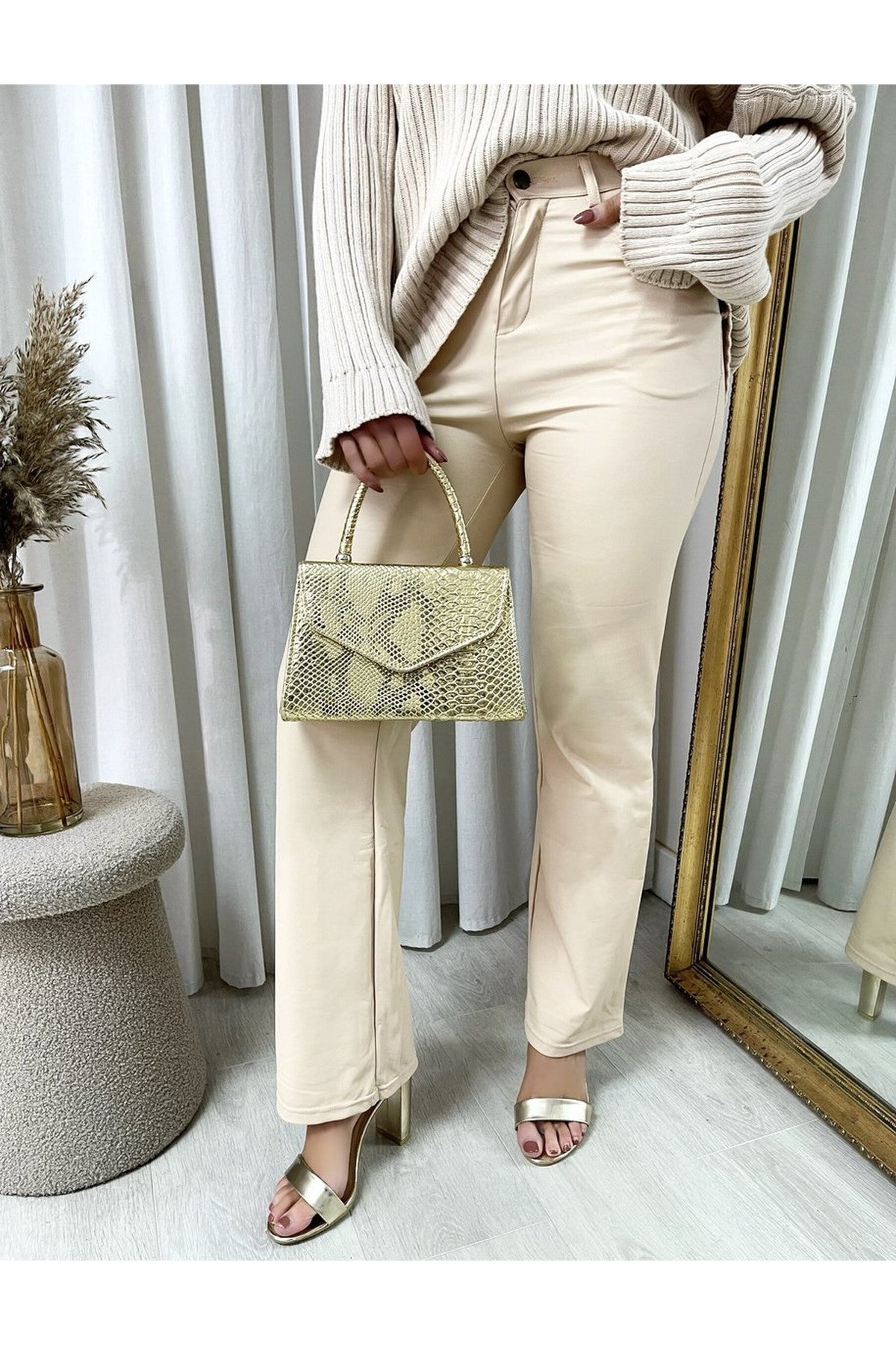 Lucia High Waisted Faux Leather Trouser - Beige