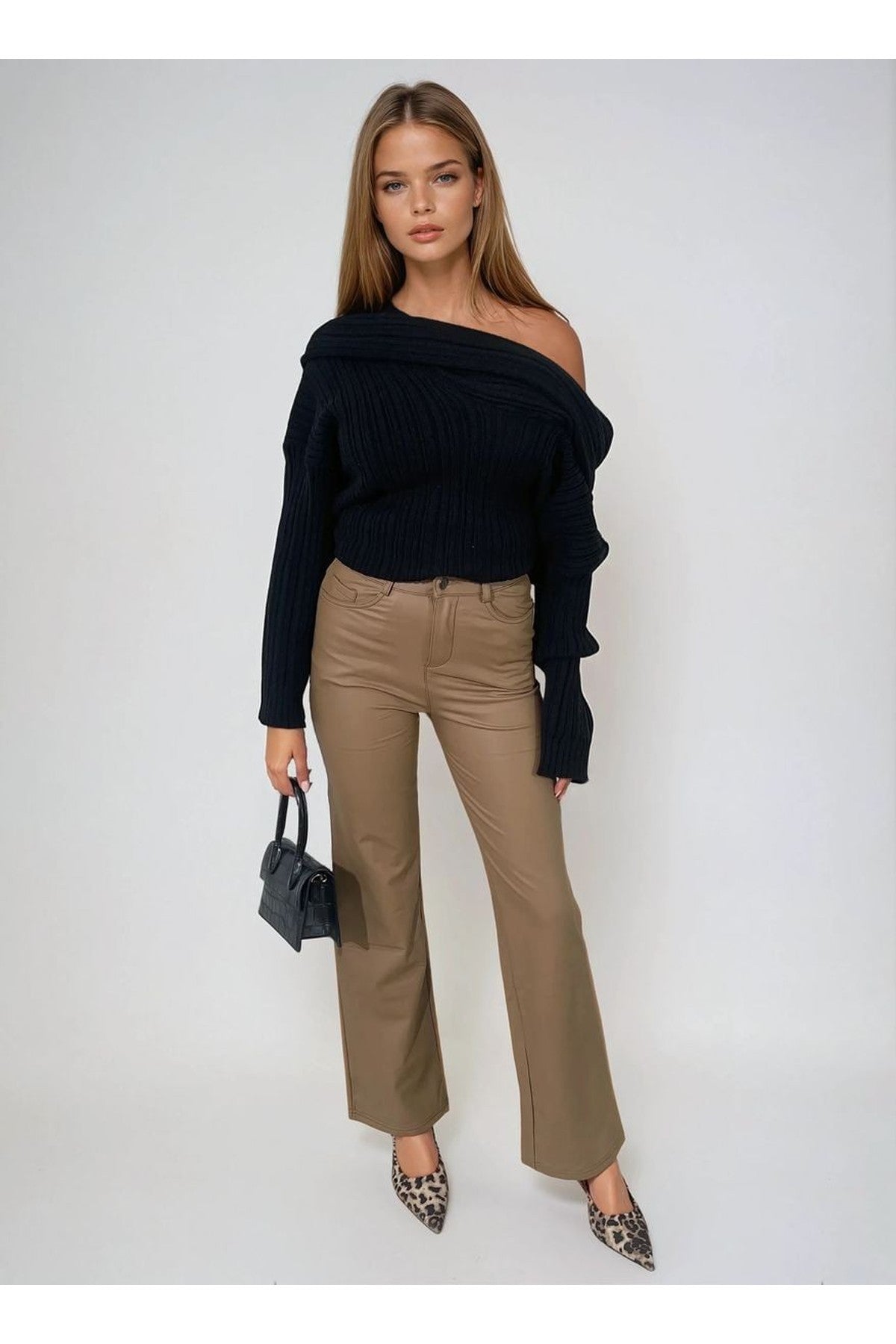 Lucia High Waisted Faux Leather Trouser - Camel