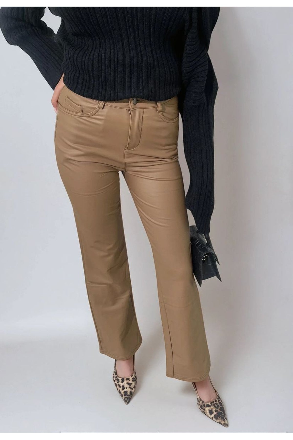 Lucia High Waisted Faux Leather Trouser - Camel