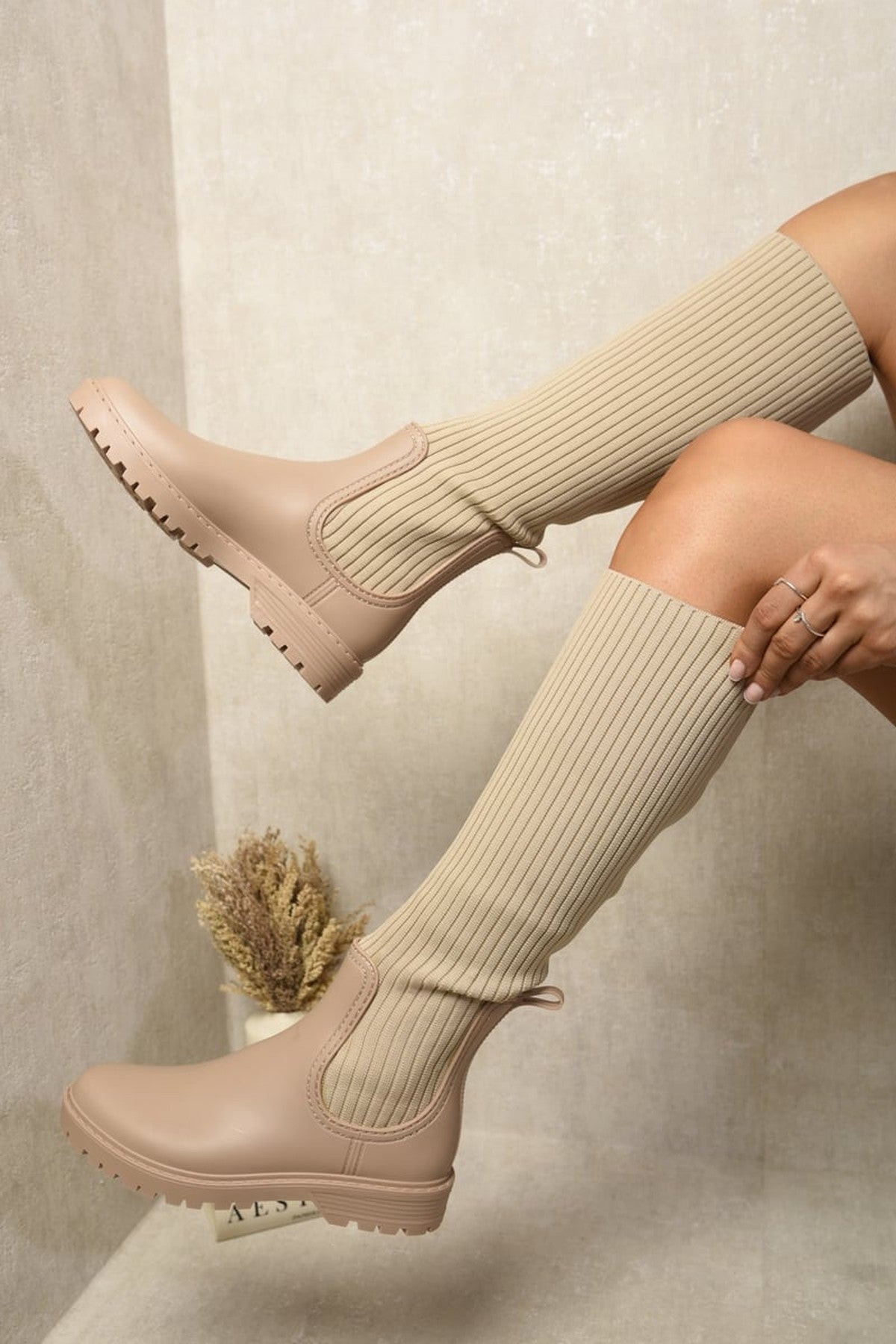 Lucille High Sock Platform Boots - Beige